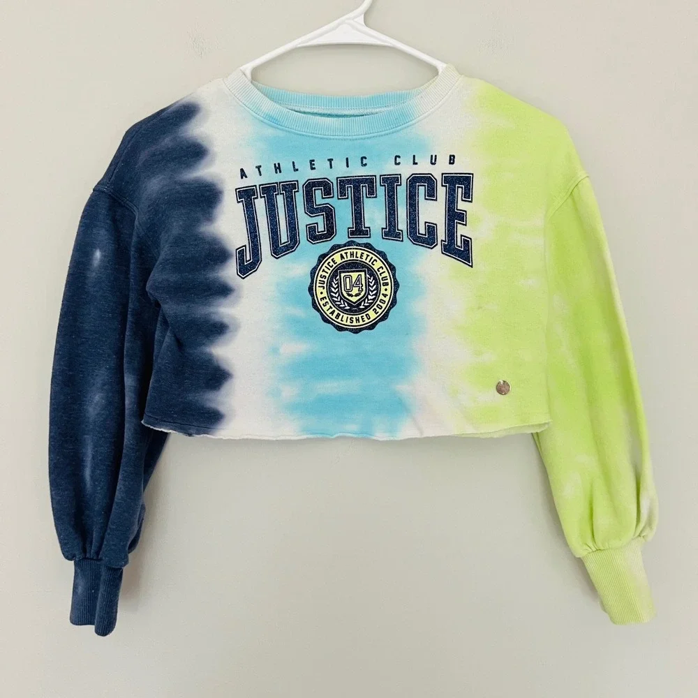 Justice Athletic Club Girl Tie Dye Cropped Sweatshirt Blue Green Glitter Logo XS